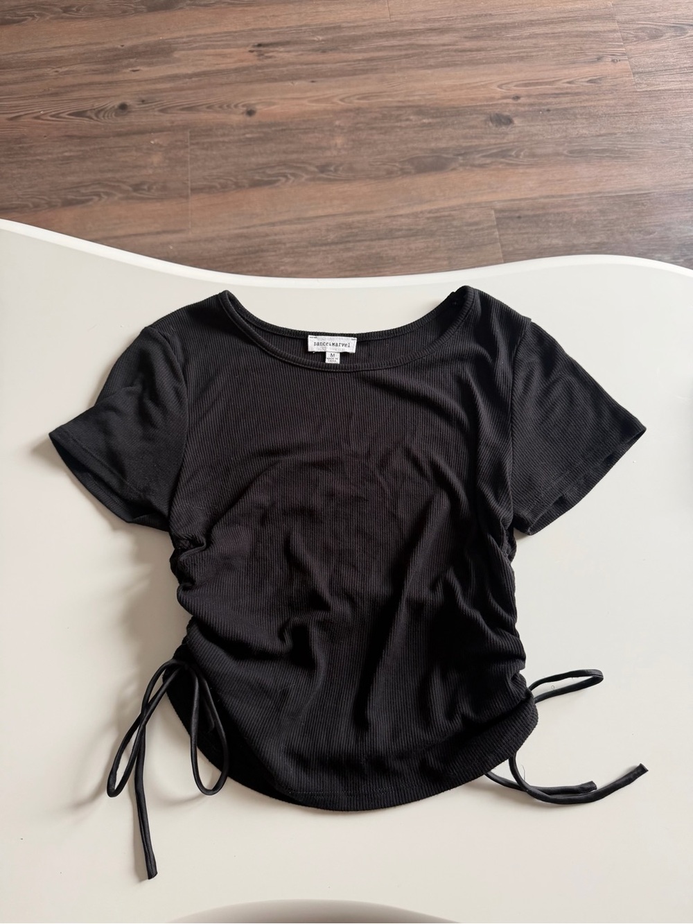 Black Side-Tie Ribbed Short Sleeve Top